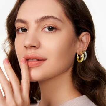 SHOWNII Chunky Gold Hoop Earrings - 14K Gold Plated Earrings for Women Hollow Tube Thick Hoops