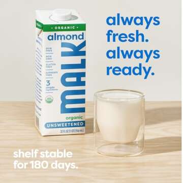 MALK Almond Milk Unsweetened (32oz, Pack of 6) - Shelf Stable Organic Almond Milk, Non GMO, Whole 30, Dairy Free, Vegan, Plant Based, No Gums or Fillers - Malk for Smoothies, Cereal, Coffee, Creamer