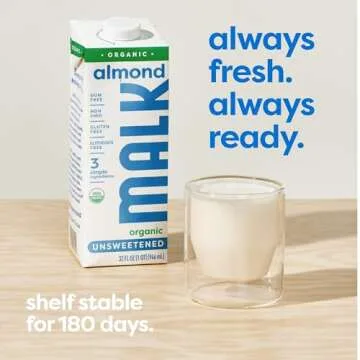MALK Almond Milk Unsweetened (32oz, Pack of 6) - Shelf Stable Organic Almond Milk, Non GMO, Whole 30, Dairy Free, Vegan, Plant Based, No Gums or Fillers - Malk for Smoothies, Cereal, Coffee, Creamer