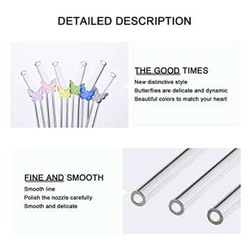 DUMING-IN 6 Pcs Reusable Glass Straws with 2 Cleaning Brushes, Cute Colorful Butterfly Glass Straws Shatter Resistant, Reusable Straws Dishwasher Safe for Juices, Smoothies, Milkshakes, Teas