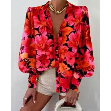 BTFBM Women Fashion Button Down Shirts Lapel V Neck Printed Solid Boho Long Sleeve Blouses Dressy Ca...