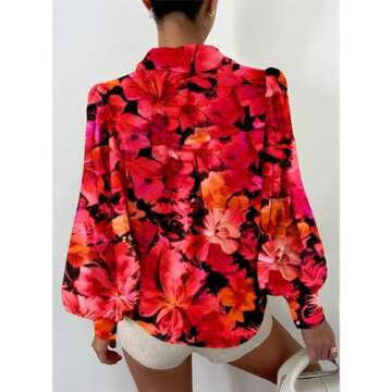 BTFBM Women Fashion Button Down Shirts Lapel V Neck Printed Solid Boho Long Sleeve Blouses Dressy Casual Summer Fall Top(Floral Red, Large)