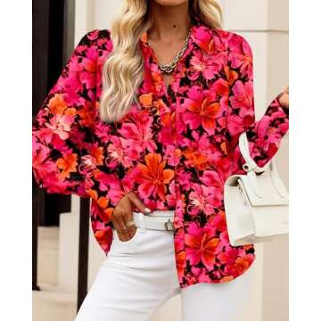 BTFBM Women Fashion Button Down Shirts Lapel V Neck Printed Solid Boho Long Sleeve Blouses Dressy Casual Summer Fall Top(Floral Red, Large)