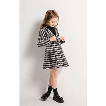 SMILING PINKER Girls Dresses Houndstooth Knitted Sweater Flare Winter Dress Mock Neck (Black, 6-7 Years)