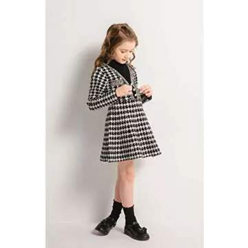 SMILING PINKER Girls Dresses Houndstooth Knitted Sweater Flare Winter Dress Mock Neck (Black, 6-7 Years)