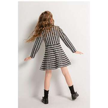 SMILING PINKER Girls Dresses Houndstooth Knitted Sweater Flare Winter Dress Mock Neck (Black, 6-7 Years)