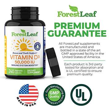 ForestLeaf Vitamin D3 50000 IU - Bone Health and Immune Support - Small Easy to Swallow Vegetable Ca...