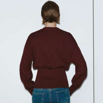 URBAN REVIVO Women Knitted Cardigans Long Sleeve V-Neck Lightweight Sweater One Leaf Button Down Outwear Wine Red,Small