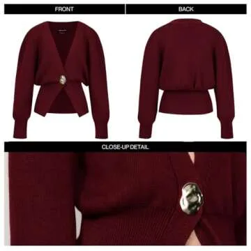 URBAN REVIVO Women Knitted Cardigans Long Sleeve V-Neck Lightweight Sweater One Leaf Button Down Outwear Wine Red,Small