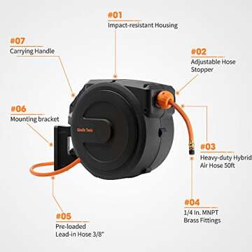 Giraffe Tools Retractable Air Hose Reel with 50ft Hybrid Hose and Auto Rewind
