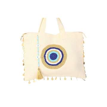 Tote Bag for Women with Handmade Crochet Evil Eye Natural Jute Beach Bag Waterproof Lining Off-White