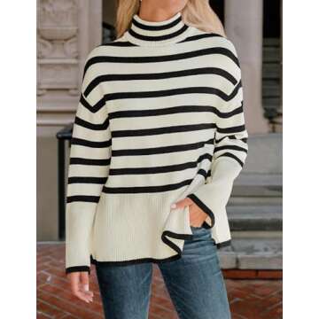 ZESICA Women's Winter Sweaters Casual Turtleneck Long Sleeve Striped Side Slit Loose Pullover Sweater Jumper Tops