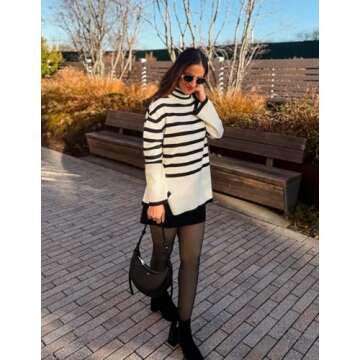 ZESICA Women's Winter Sweaters Casual Turtleneck Long Sleeve Striped Side Slit Loose Pullover Sweater Jumper Tops