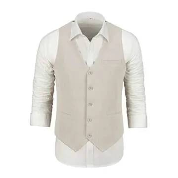 Furuyal Men Suit Casual Wedding Suits Linen Suits for Men 2 Piece Suits Groomsmen Tuxedos Summer Beach Prom Vest and Pants Set Beige-L