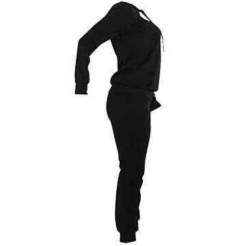 Women Casual Ripped Hole Pullover Hoodie Sweatpants 2 Piece Sport Jumpsuits Outfits Set (Black, M)