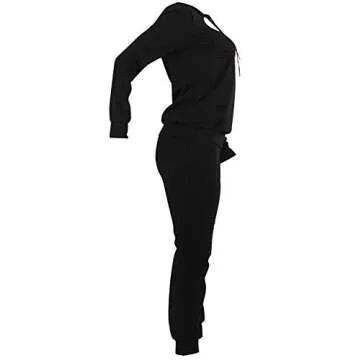 Women Casual Ripped Hole Pullover Hoodie Sweatpants 2 Piece Sport Jumpsuits Outfits Set (Black, M)