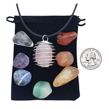 Healing Crystals and Stones - 7 Chakra Stone Set with Rose Quartz and Cage Necklace– Charged with ...