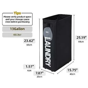 ECOWAN LIVING Laundry Basket with Wheels, Narrow Thin Tall Rolling Collapsible Foldable Laundry Hamper, Waterproof Corner Dirty Clothes Laundry Bin, Handle on Both Side, 48L (Slim/13Gal, Black)