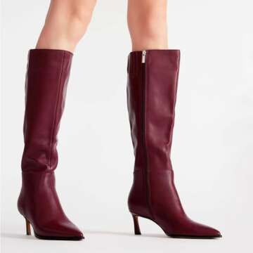 MICIFA Burgundy Kitten Heel Knee High Boots for Women Tall Leather Boots Stiletto Pointed Toe Gogo T...
