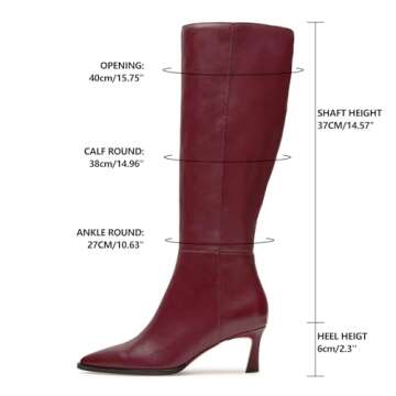 MICIFA Burgundy Kitten Heel Knee High Boots for Women Tall Leather Boots Stiletto Pointed Toe Gogo Tall Boots Cherry Wine Red Dress Boots