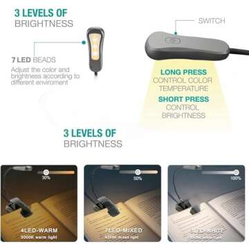 Book Light Reading Lights for Books in Bed with 3 Colors and 9 Brightness, LED Book Reading Light wi...