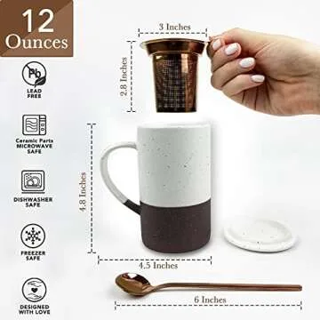 Mora Ceramics Tea Cup with Loose Leaf Infuser, Spoon and Lid, 12 oz, Microwave and Dishwasher Safe C...