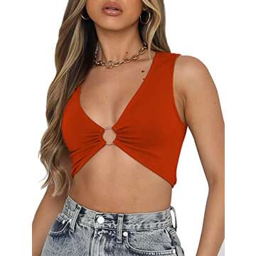AEVZIV Sexy Crop Tops for Women Sleeveless Deep V Neck Workout Tops Plunge Ring Cleavage Cropped Tan...