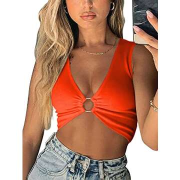 AEVZIV Sexy Crop Tops for Women Sleeveless Deep V Neck Workout Tops Plunge Ring Cleavage Cropped Tank Top Orange S