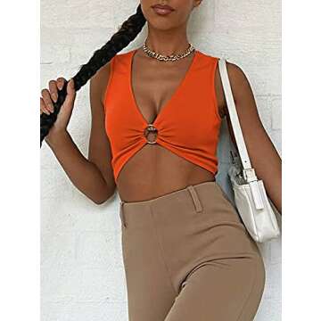 AEVZIV Sexy Crop Tops for Women Sleeveless Deep V Neck Workout Tops Plunge Ring Cleavage Cropped Tank Top Orange S