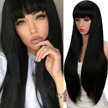 Kalyss 28 Inches Women's Silky Long Straight Black Wig Heat Resistant Synthetic Wig With Bangs Hair ...