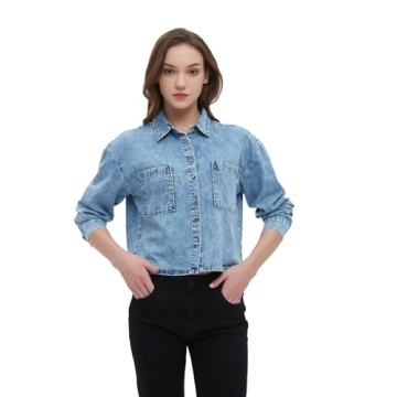 Stylish Lightweight Women's Cropped Denim Shirt with Pockets