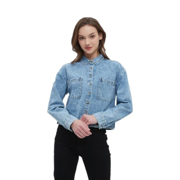 Stylish Lightweight Women's Cropped Denim Shirt with Pockets