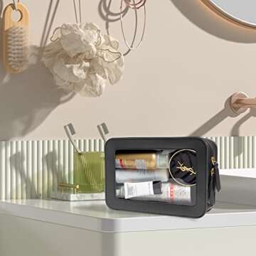 LETGO Clear Makeup Bags, TSA Approved Toiletry Bag with Zipper, Clear Makeup Organizer Fit Carry-on Travel Essentials,Clear Cosmetic Bags for Women Men (C-Black)