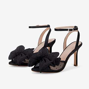Coutgo Womens Bow Tie Heels Sandals Slingback Peep Toe Wedding Heels Mesh High Stiletto Heel Summer Cute Wedding Bridal Shoes Black