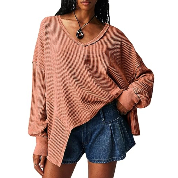 Stylish Ugerlov Women's Waffle Knit Pullover Tops in Red