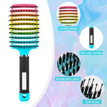 Curved Vented Brush for Wet & Dry Hair, Detangling Brush for Blow Drying, 2 Pack (Light Blue + Rainb...
