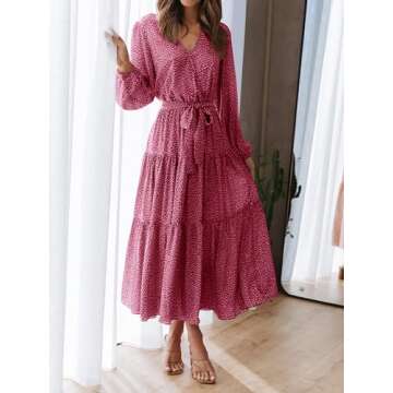 PRETTYGARDEN Women 2024 Fall Floral Long Sleeve Maxi Dresses Casual Wrap V Neck Ruffle Tiered Boho Chiffon Flowy Long Dress(Floral Red,XX-Large)