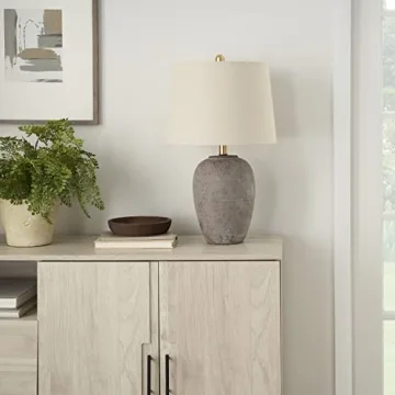 Nourison 23" Rustic Brown with Gray Undertones Ceramic Pot Table Lamp for Bedroom, Living Room, Dining Room, Office, with Beige Shade