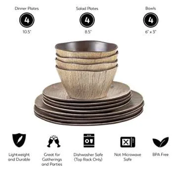 Craft & Kin Melamine Dinnerware Sets - 12 pcs Melamine Plates Outdoor Plates Summer Plates and Bowls Sets Melamine Plates Ideal Camping Dish Set Dinnerware Set for 4 Dishwasher Safe (Wood Grain)