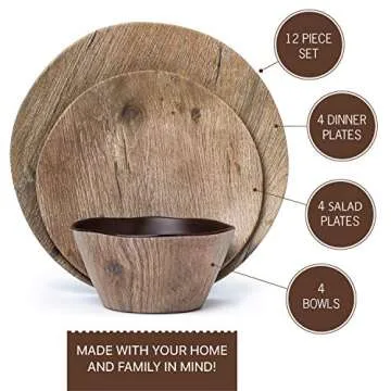 Craft & Kin Melamine Dinnerware Sets - 12 pcs Melamine Plates Outdoor Plates Summer Plates and Bowls Sets Melamine Plates Ideal Camping Dish Set Dinnerware Set for 4 Dishwasher Safe (Wood Grain)