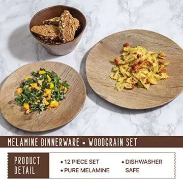 Craft & Kin Melamine Dinnerware Sets - 12 pcs Melamine Plates Outdoor Plates Summer Plates and Bowls Sets Melamine Plates Ideal Camping Dish Set Dinnerware Set for 4 Dishwasher Safe (Wood Grain)