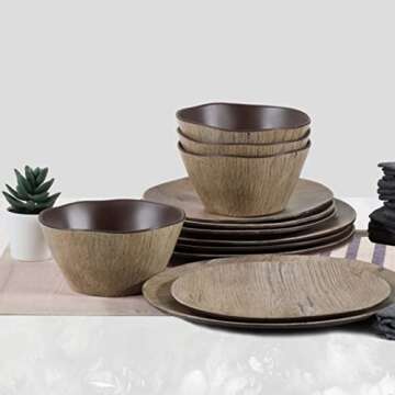 Craft & Kin Melamine Dinnerware Sets - 12 pcs Melamine Plates Outdoor Plates Summer Plates and Bowls Sets Melamine Plates Ideal Camping Dish Set Dinnerware Set for 4 Dishwasher Safe (Wood Grain)