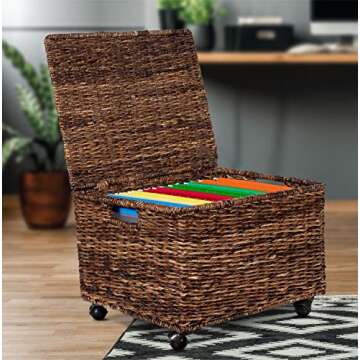 BIRDROCK HOME Seagrass Rolling File Cabinet - Storage Organizer Box with Lid - Home Office Decor - Decorative Organize - Letter Legal Hanging Filing Container - Strong Durable Toy Pillow - Espresso