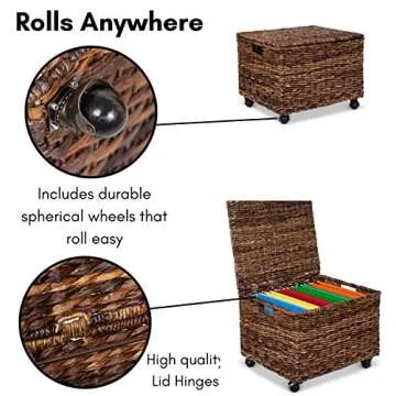 BIRDROCK HOME Seagrass Rolling File Cabinet - Storage Organizer Box with Lid - Home Office Decor - Decorative Organize - Letter Legal Hanging Filing Container - Strong Durable Toy Pillow - Espresso