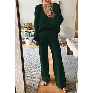 Viottiset Women's 2 Piece Outfits Sweater Lounge Set V Neck Knit Top Wide Leg Pants Sweatsuit Blackish Green M