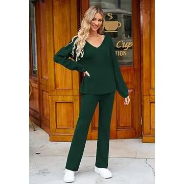 Viottiset Women's 2 Piece Outfits Sweater Lounge Set V Neck Knit Top Wide Leg Pants Sweatsuit Blackish Green M