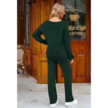 Viottiset Women's 2 Piece Outfits Sweater Lounge Set V Neck Knit Top Wide Leg Pants Sweatsuit Blackish Green M