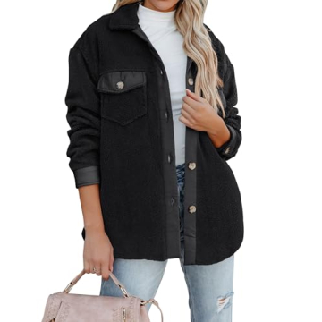 ZESICA Womens Winter Casual Sherpa Fleece Jacket Long Sleeve Button Solid Warm Fuzzy Outwear Coat Po...
