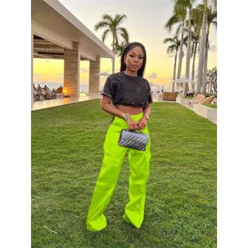 Stylish CALEBGAR Women Parachute Pants with Pockets, Green, Casual High Waisted Cargo Trousers