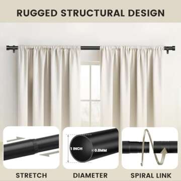 SOMINS 1 Inch Curtain Rods for Windows 72 to 144, Outdoor Heavy Duty Adjustable Curtain Rod, Indoor Modern Drapery Pole, Black, 72-144"